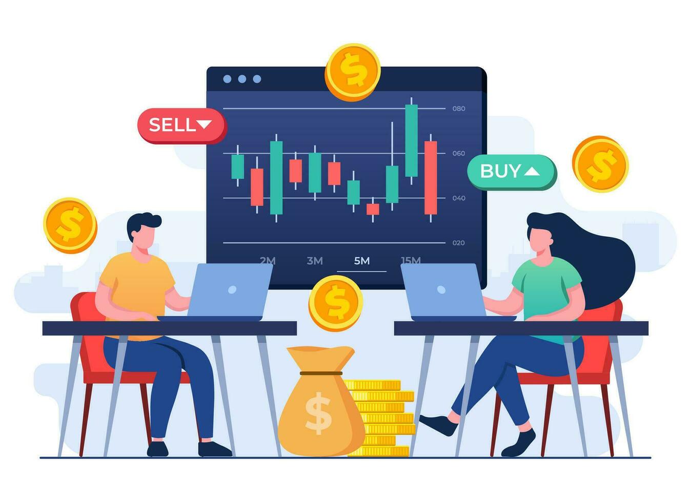 People analyzing candlestick charts and Stock market statistics, Stock trading, Economic growth, Business investment, Stock market trends, Technical analysis strategy, Business profits calculation vector