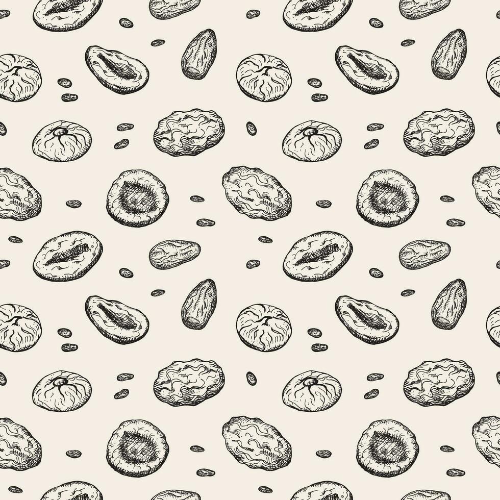 Dried fruits Seamless pattern Repeating background with Prunes, dried apricots, dry fruits, dates for packaging, textile, print, template card flyer. Decorative ornament hand drawn vector illustration