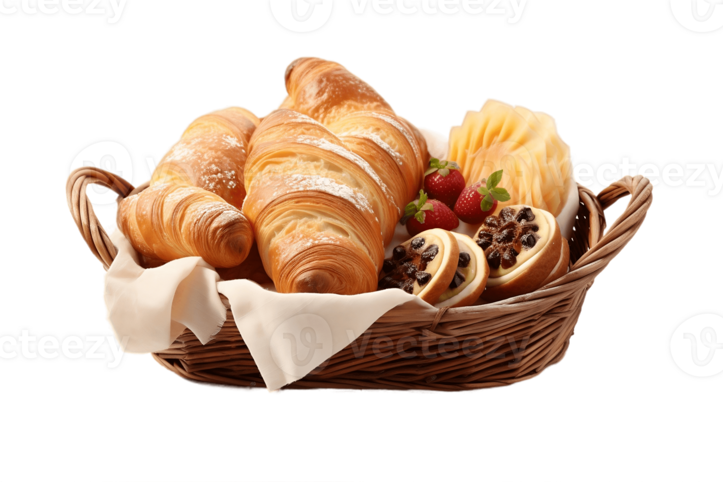 AI generated Wicker Basket with Pastries on Transparent Background. AI png