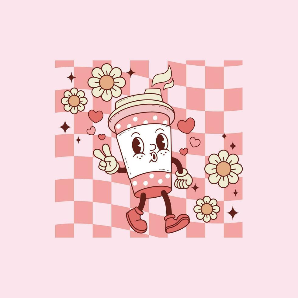 cute retro illustration of espresso coffee walking in pink color for coffee lovers vector