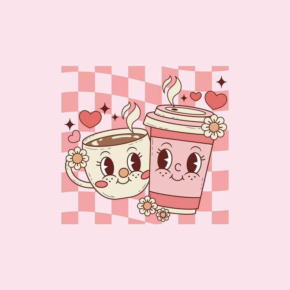 cute retro illustration of espresso and coffee cup with heart glasses for coffee lovers and lovers in love vector