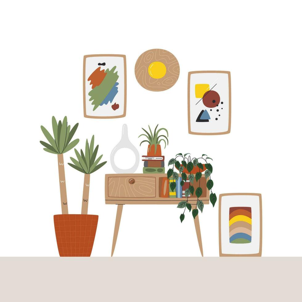 Home hallway interior with commode. Domestic scene with houseplants and creative poster wall art. Cozy area with many plants, books, lamp and decor. House entrance hand drawn flat vector illustration