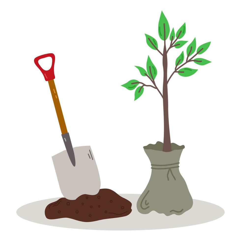 Tree planting gardening concept. The concept of ecology with the image of a shovel and a seedling Vector illustration.