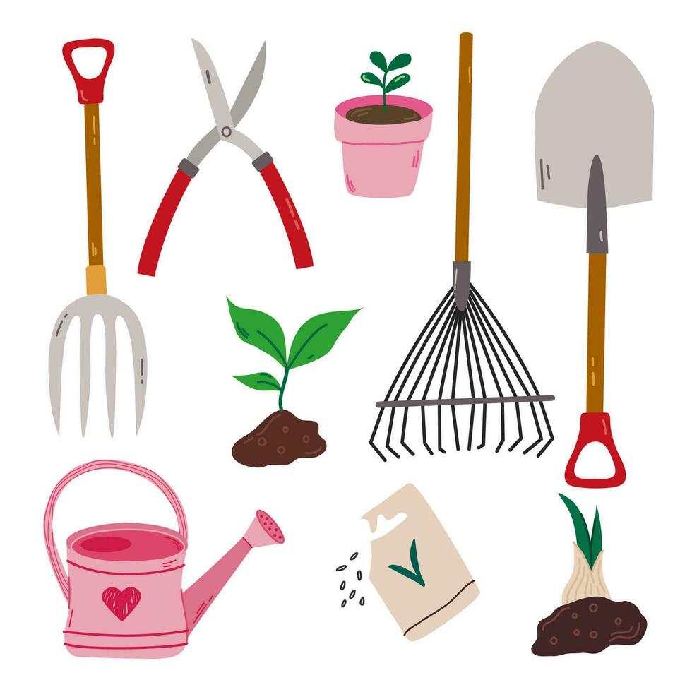 Collection of garden tools and plants. Gardening or horticulture concept.  Perfect for scrapbooking, greeting card, party invitation, poster, tag, sticker kit. Vector illustration.