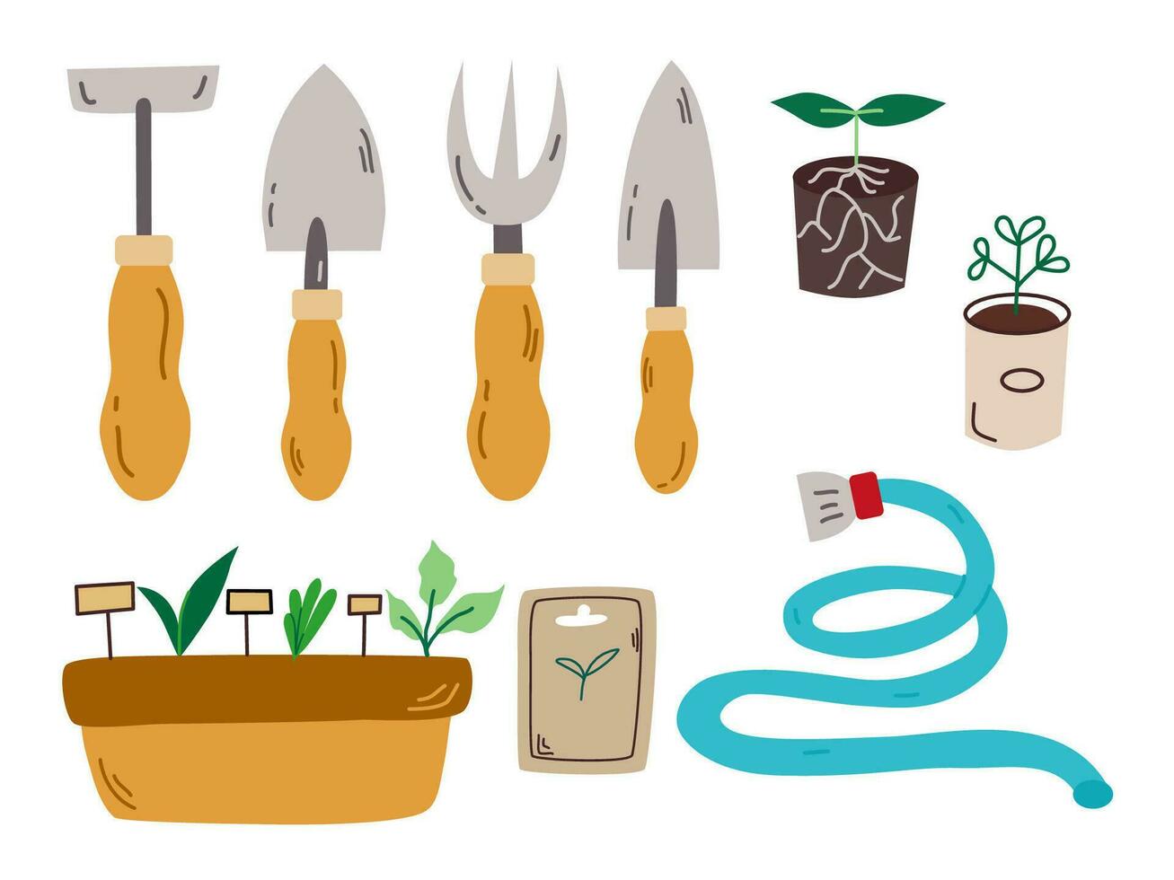 Collection of garden tools and plants. Gardening or horticulture concept. Vector clip art illustration isolated on white background
