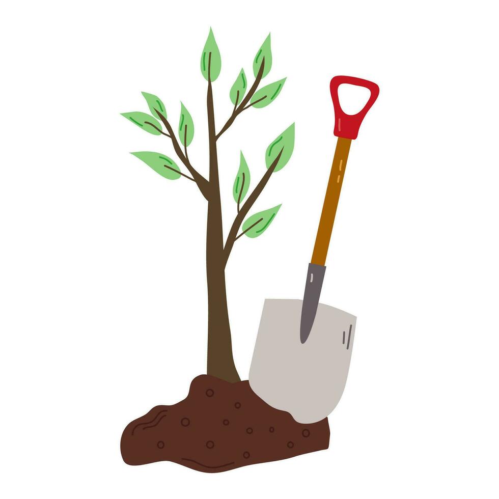 Tree planting gardening concept. The concept of ecology with the image of a shovel and a seedling Vector illustration.