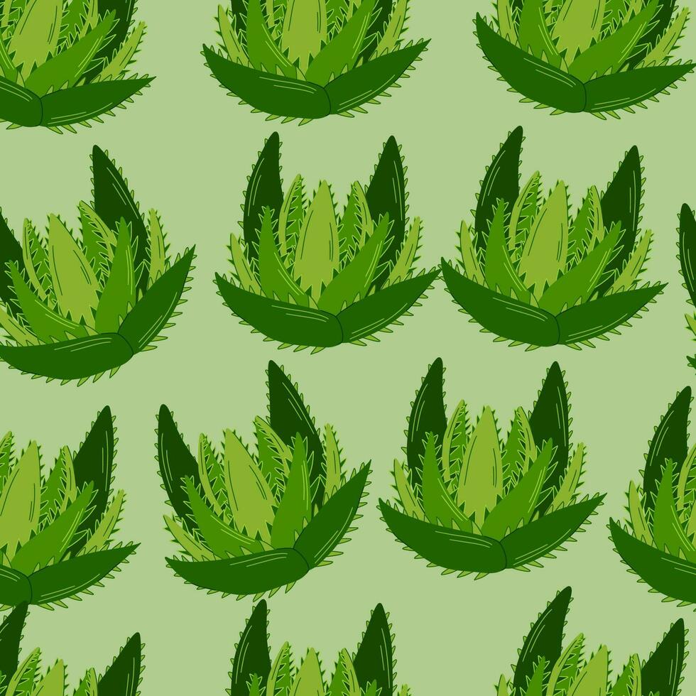 Seamless pattern with aloe vera medicinal plant cut leaves isolated on white background.Medical herbs background. Vector illustration in cartoon flat style.