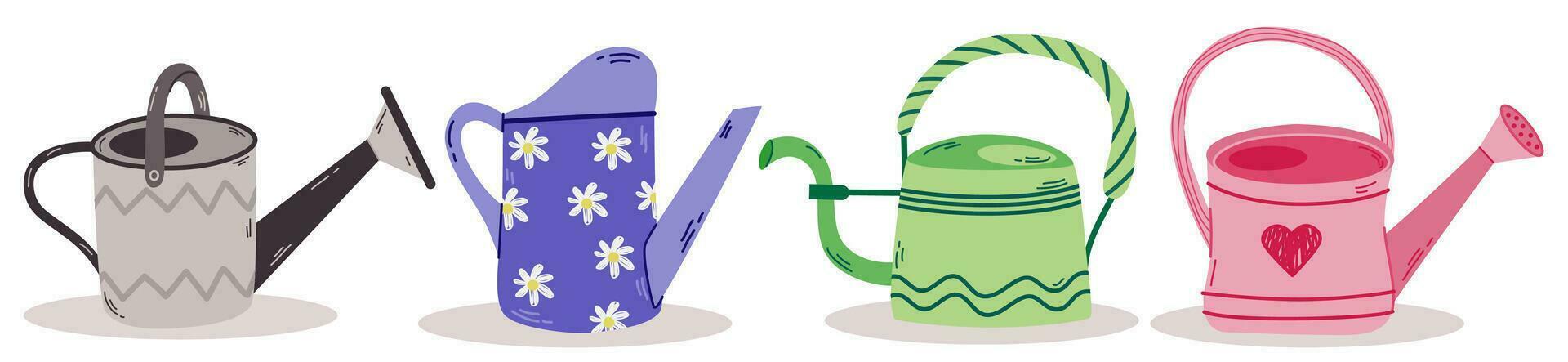 Set of colorful cartoon watering cans. Gardening tools to water the plants and flowers.Seasonal symbols. Suitable for scrapbooking, greeting card, stickers, flower shop. vector
