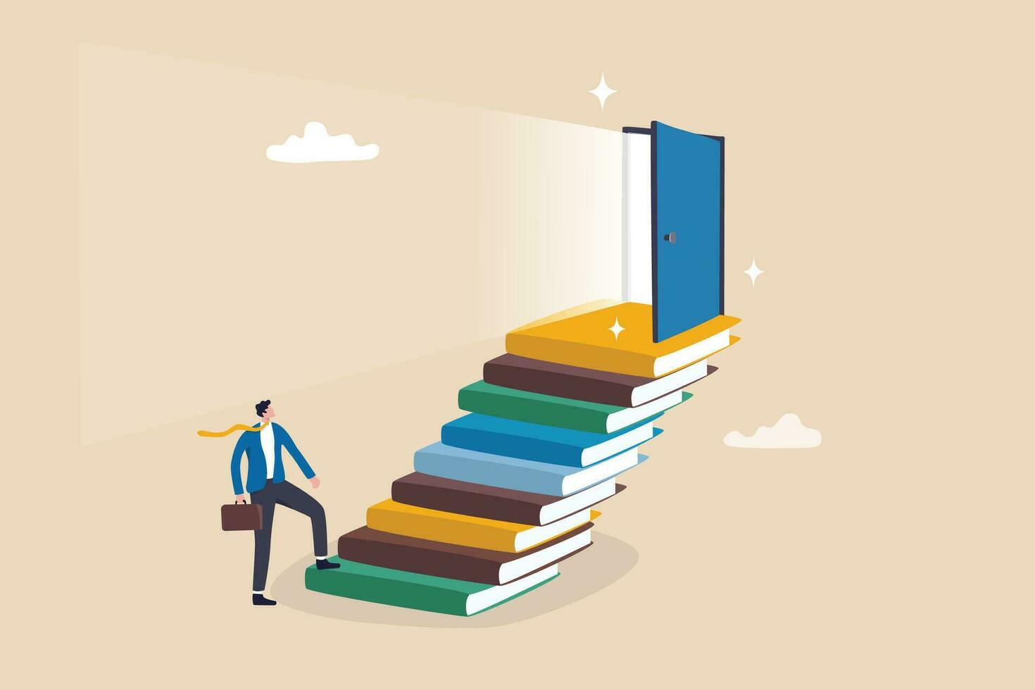 Education or learning for new opportunity, wisdom or knowledge to open door to success, solution, growth or career learning concept, businessman climb up book stack stair to reach opportunity door. vector