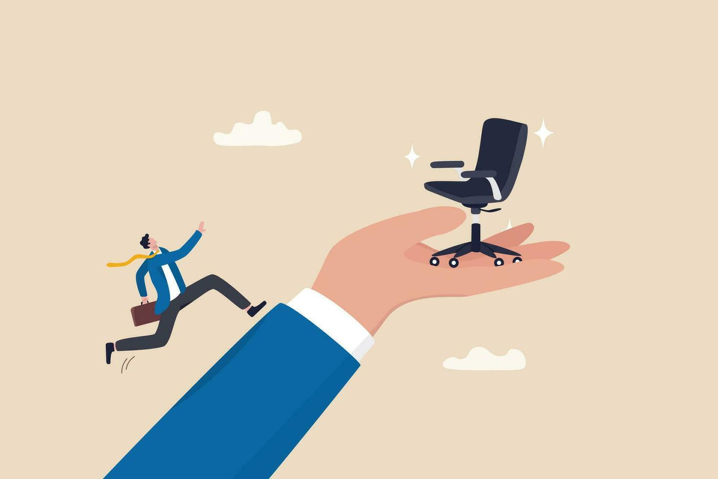 Employment opportunity, career path or motivation on job promotion position, ambition to reach career achievement, candidate to find new job concept, businessman run up big hand to new office chair. vector