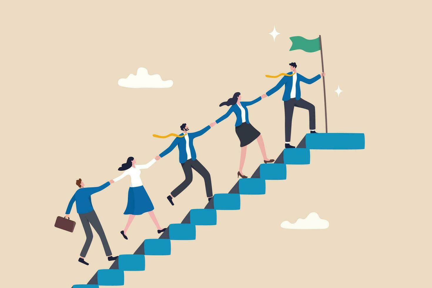 Team support help success, teamwork to progress and success together, company growth step or employee development, team achievement concept, business people team up holding hand help climb up stair. vector