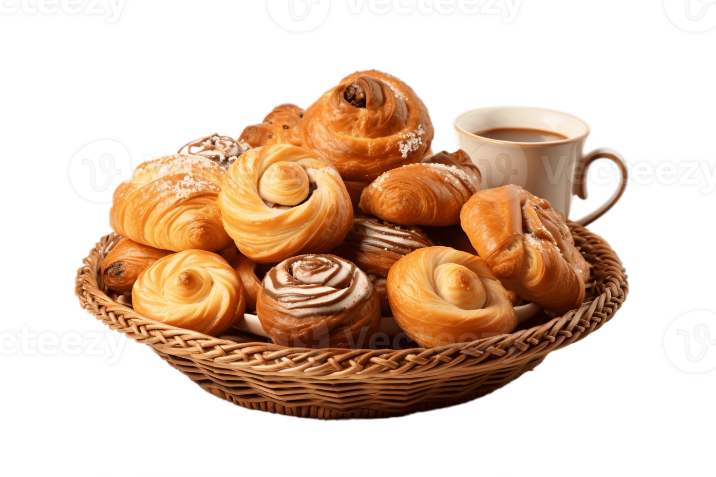 AI generated Wicker Basket with Pastries on Transparent Background. AI png