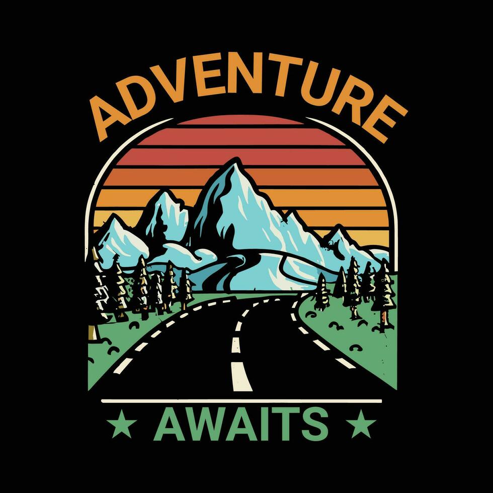 Adventure Awaits, Adventure, Outdoors, Hiking, Camping Vintage T-Shirt Design vector