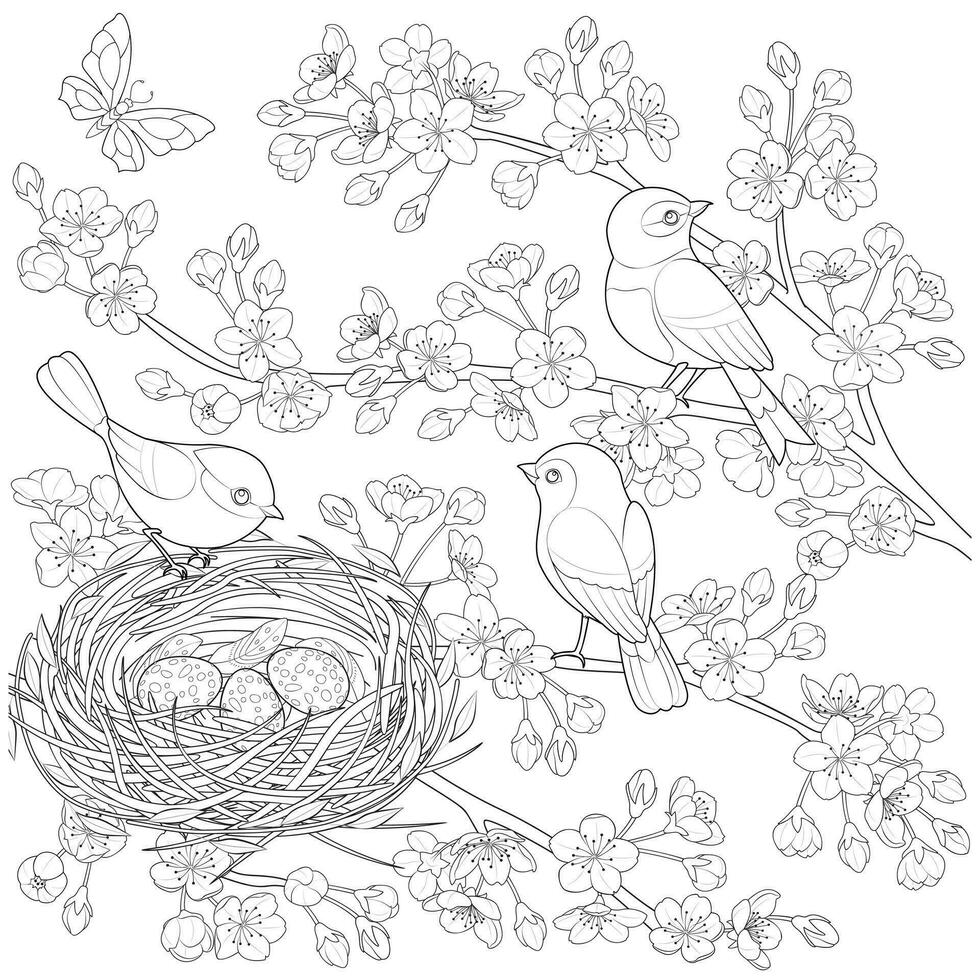 Family birds in a nest, the parents feed their nestling. vector