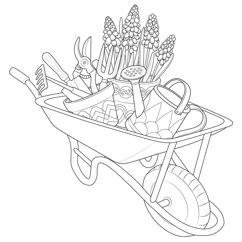 Garden wheelbarrow with tools outline icons. Black and white Coloring page vector