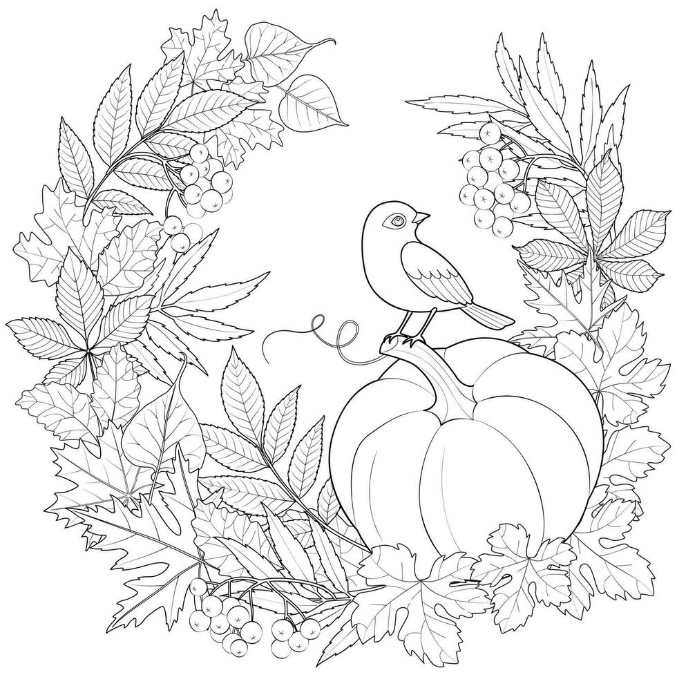 Bird on a pumpkin in a wreath of autumn leaves black and white vector illustration
