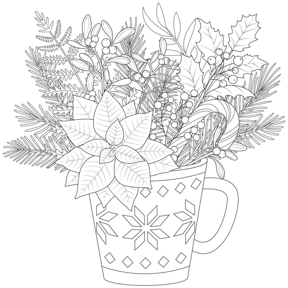 Christmas bouquet in a tea mug. fir branches, poinsettia, pine cones, berries and leaves. vector