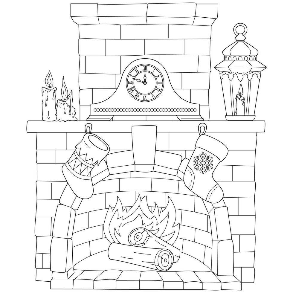 Navidad iluminado hogar con reloj, velas y regalos. negro y blanco. colorante página vector