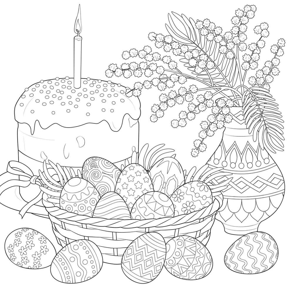 Easter basket with eggs, flowers and Easter cake. vector