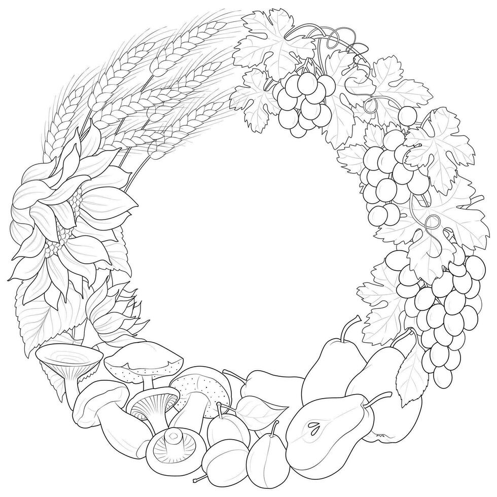 Autumn wreath decorative border with sunflowers, pears and mushrooms. vector