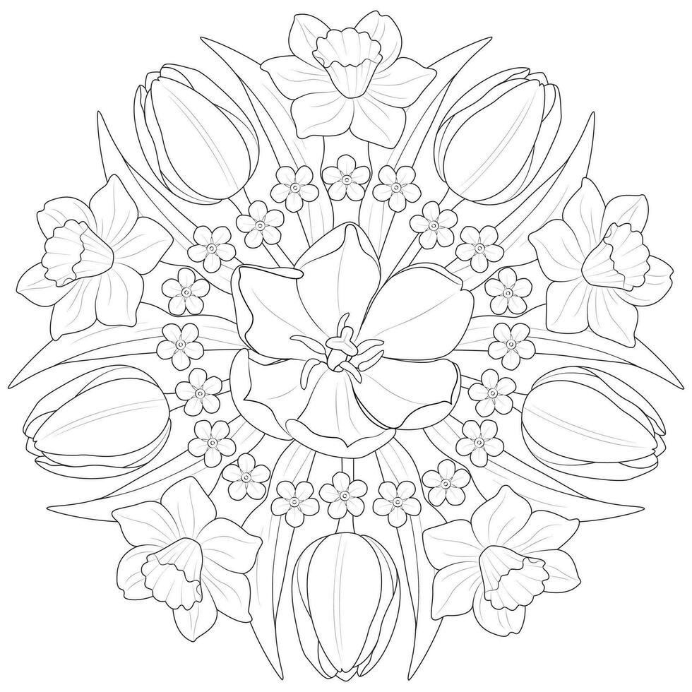 Spring flower mandala in black and white. Round pattern for coloring vector