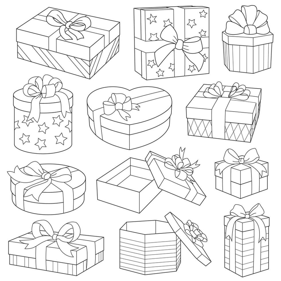 Different gift boxes with ribbon bow. Set of presents Holiday icons minimalism design vector