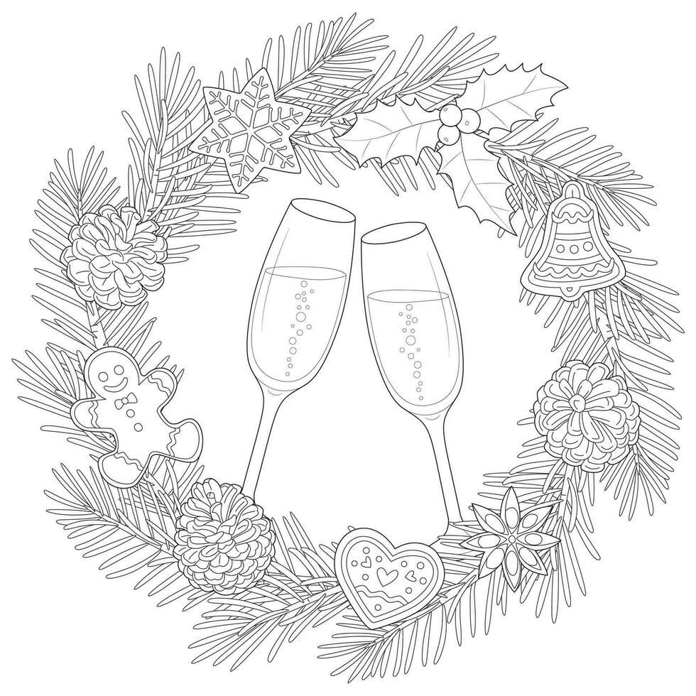 Christmas wreath with Champagne glasses. Black and white. vector