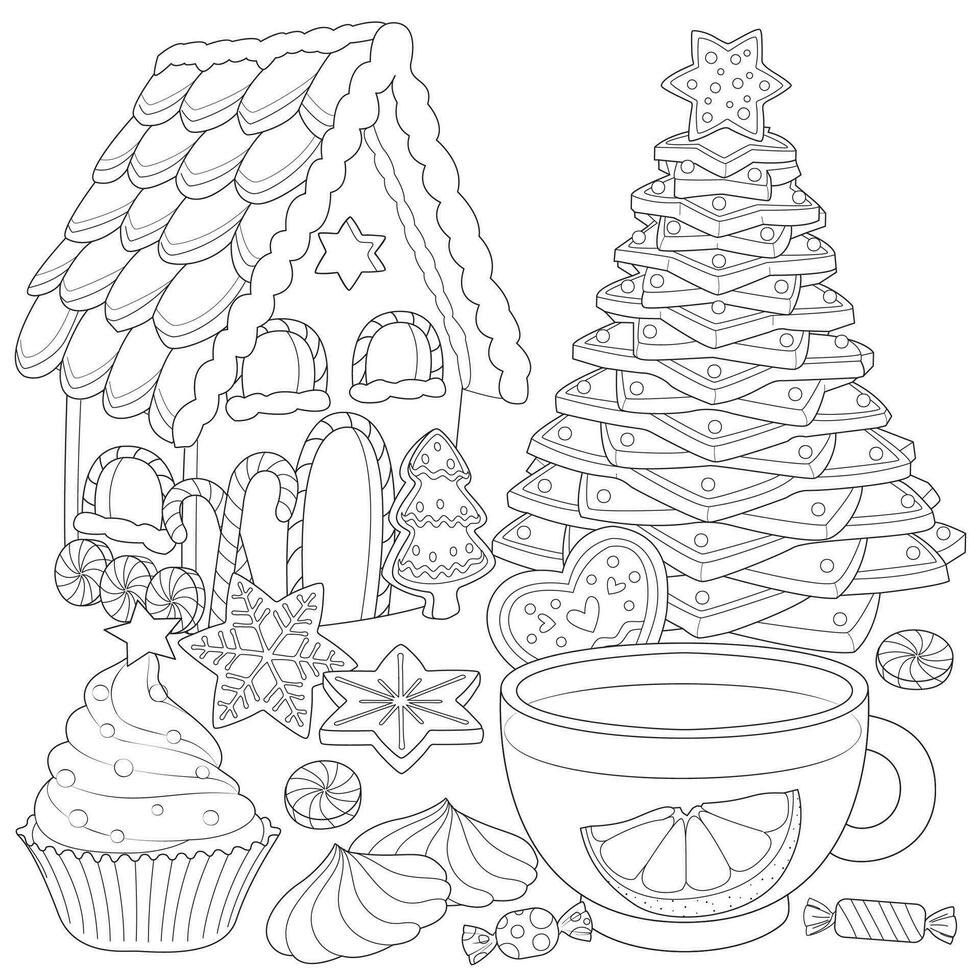 Christmas tea party Winter holiday illustration Black and white. Coloring page vector