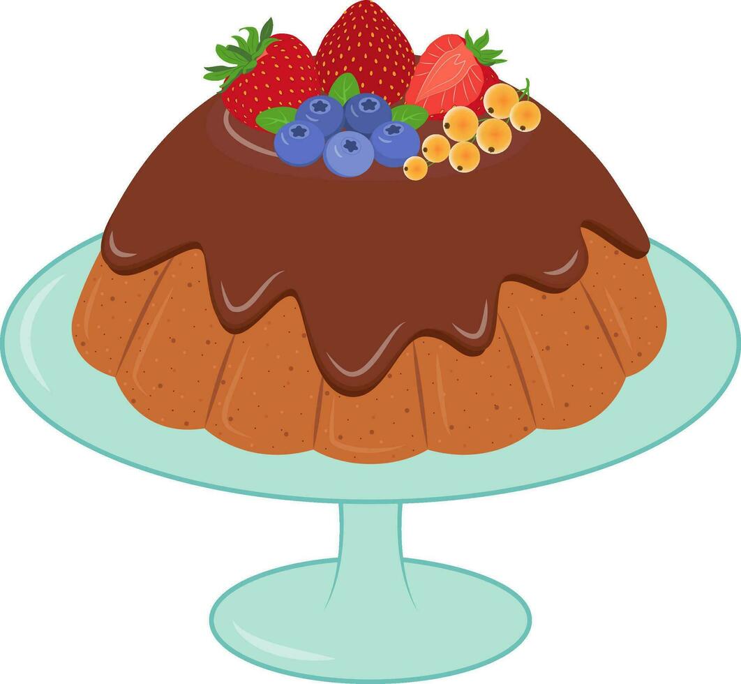 Pudding with Chocolate cream and fruits in plate. Cartoon sweet food element. vector