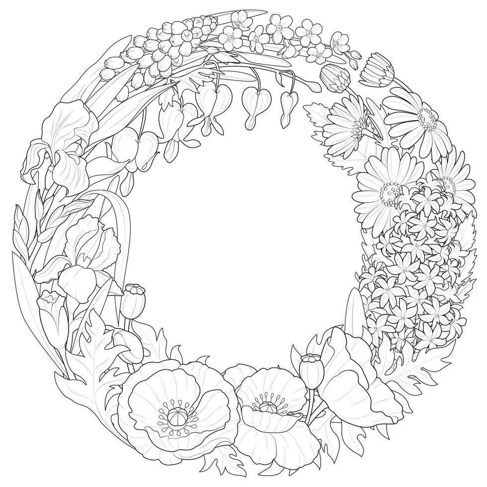 Spring wreath with flowers. Hand drawn floral frame with flowers, branch and leaves. vector