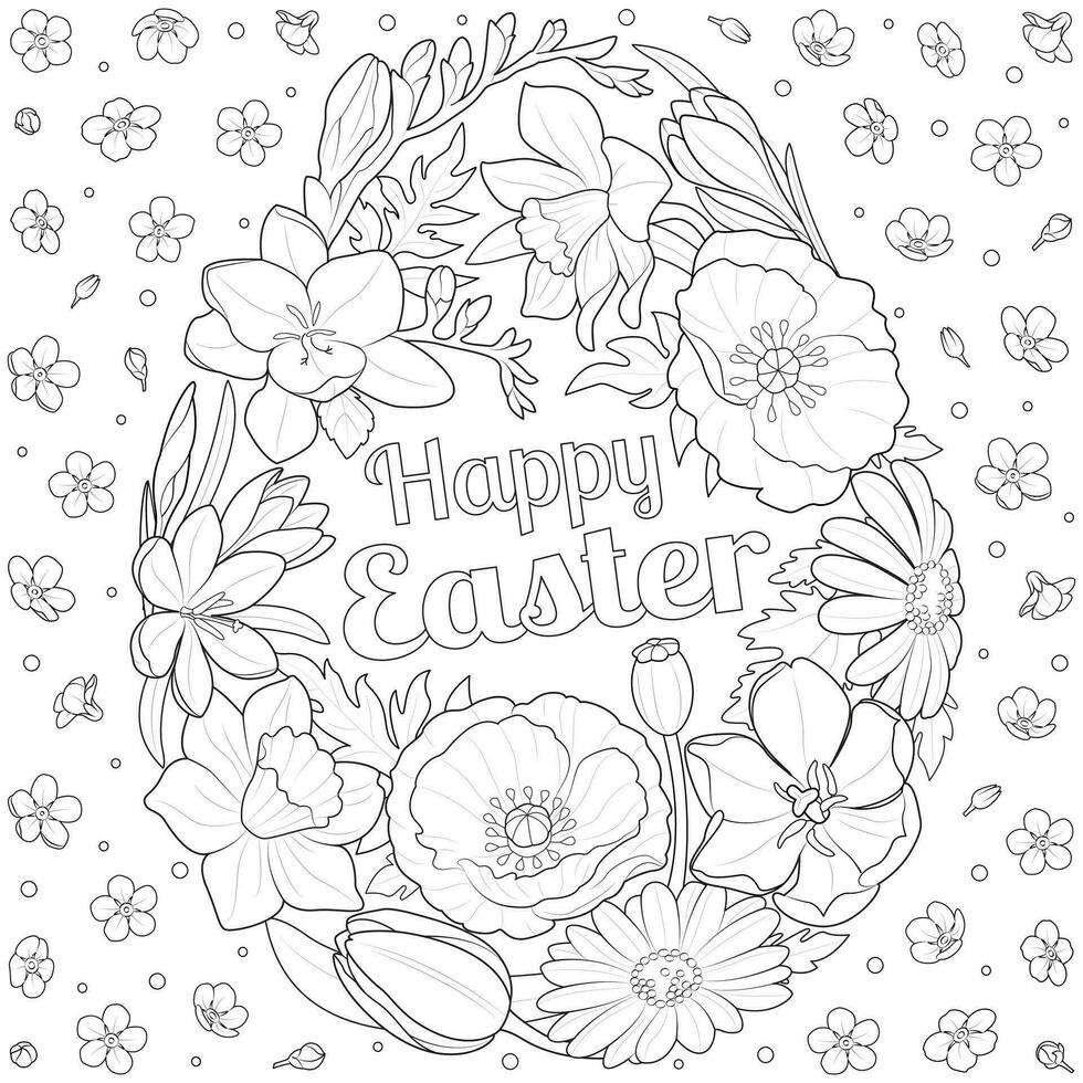 Happy Easter, flowers egg coloring page, greeting card. vector
