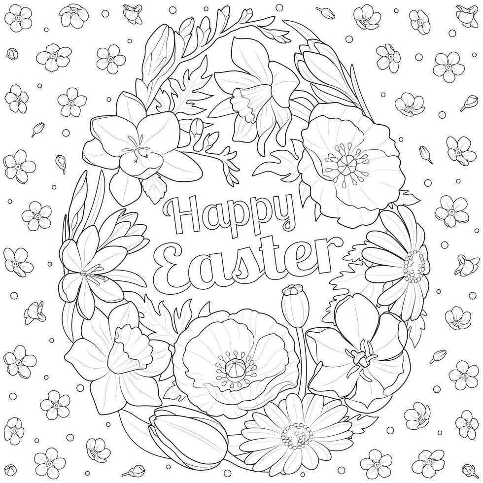 Happy Easter, flowers egg coloring page, greeting card. vector