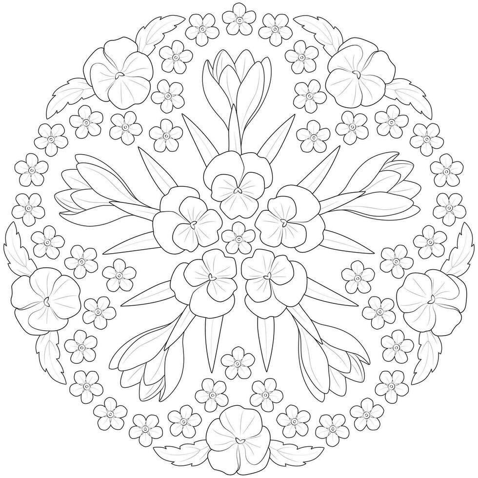 Spring flower mandala in black and white. Round pattern for coloring vector