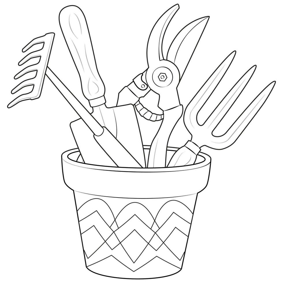 Gardening tools in a pot outline icons. Black and white Coloring page vector