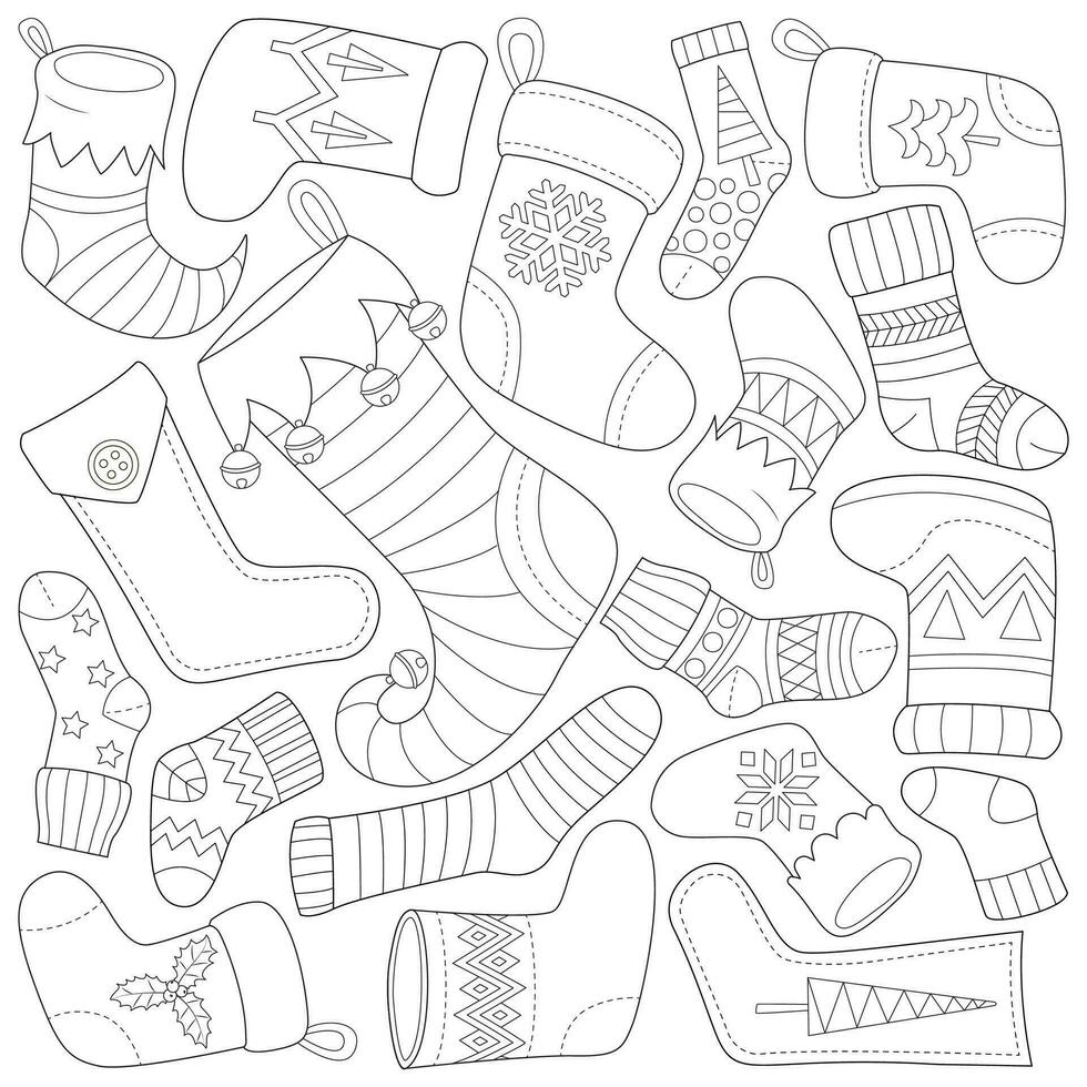 Christmas stockings with traditional holiday ornaments snowflakes, christmas tree vector