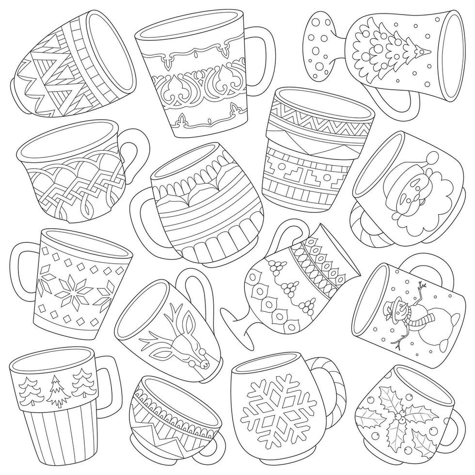 Christmas style mugs and hot drinks glasses. Beautiful set of festive mugs and glasses. vector