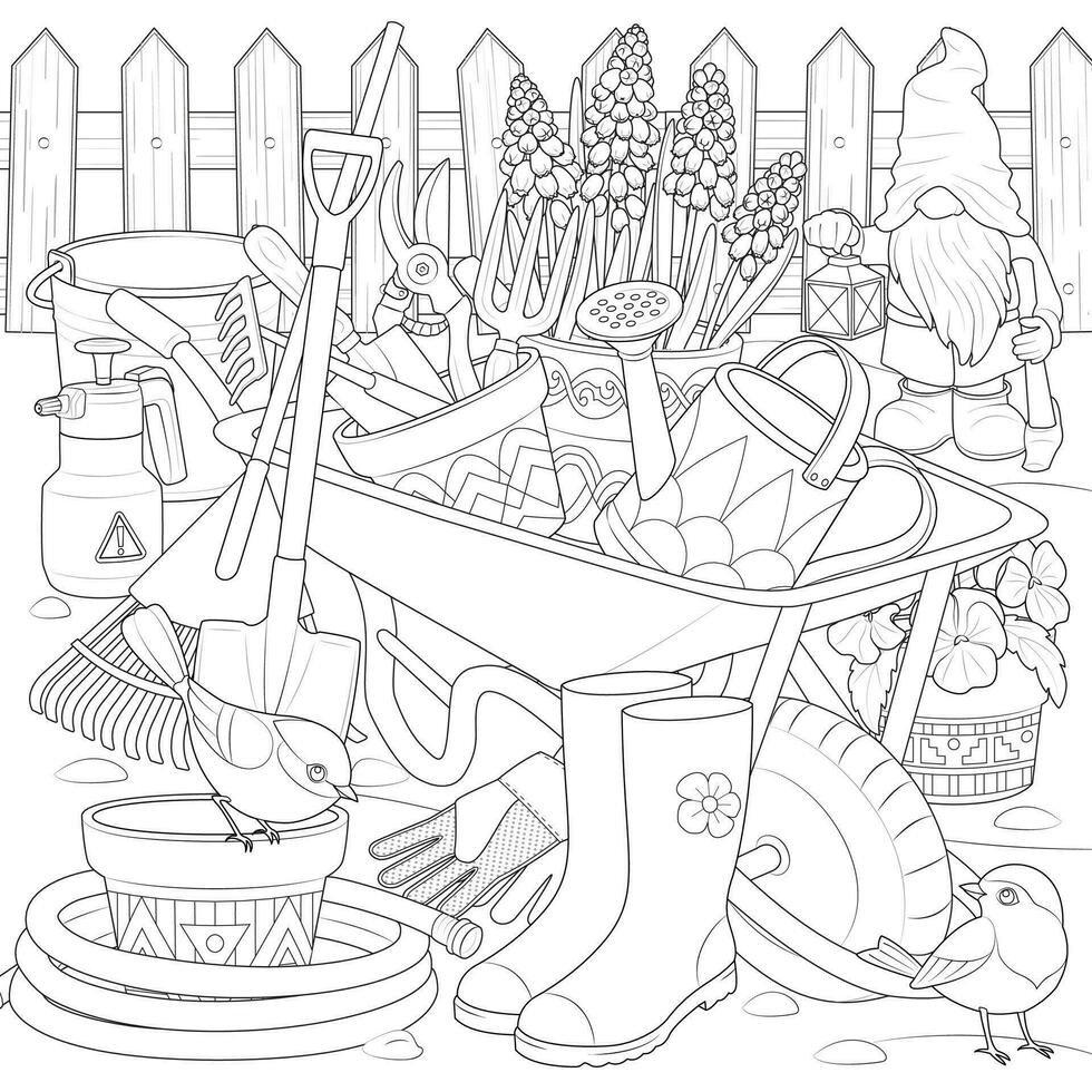 Spring garden with gnome and bird outline icons. Black and white vector