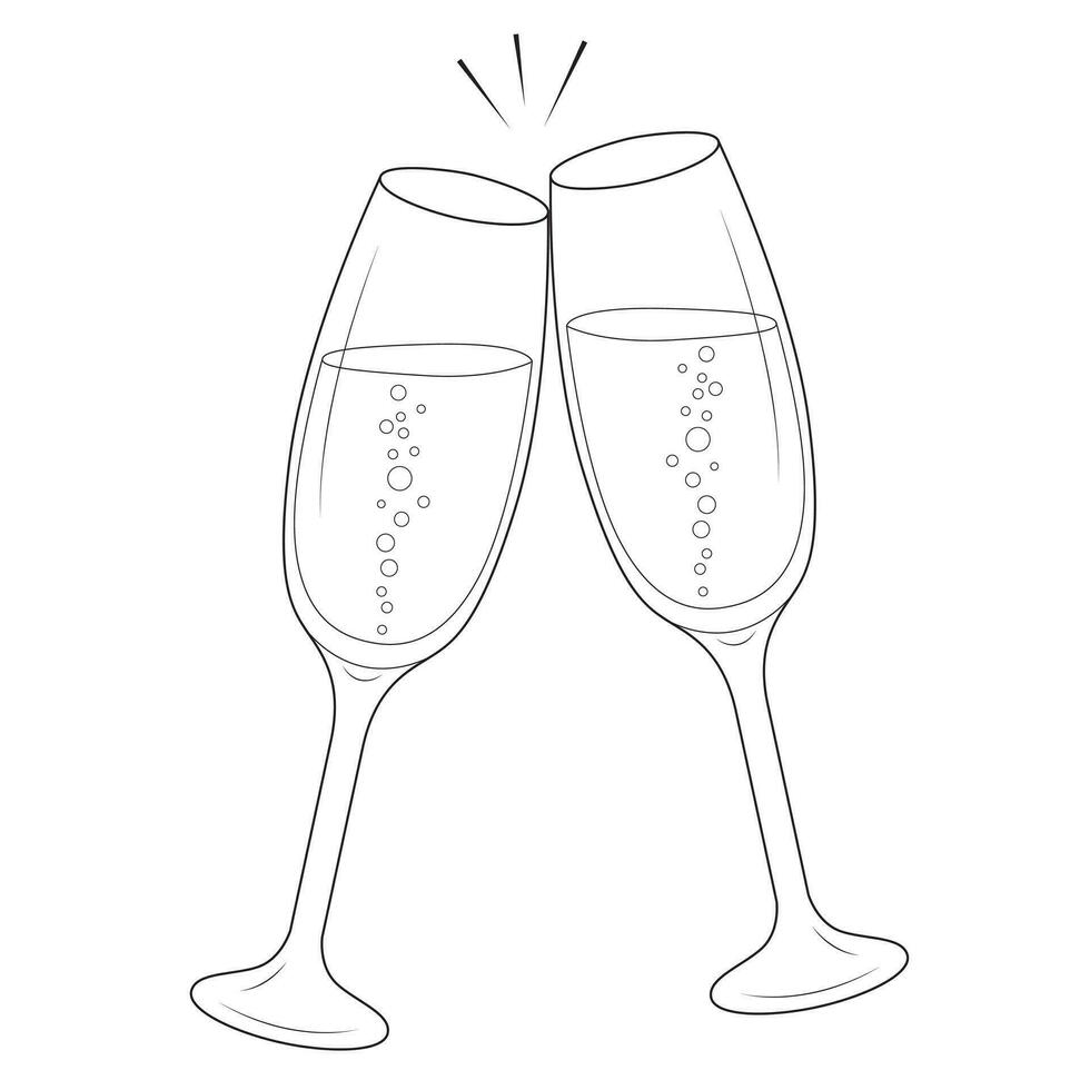 Clinking champagne classes festive flat design cheers. Black and white. vector