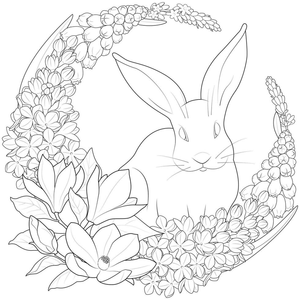 Easter rabbit with spring flowers and leaves wreath. Cute bunny. vector