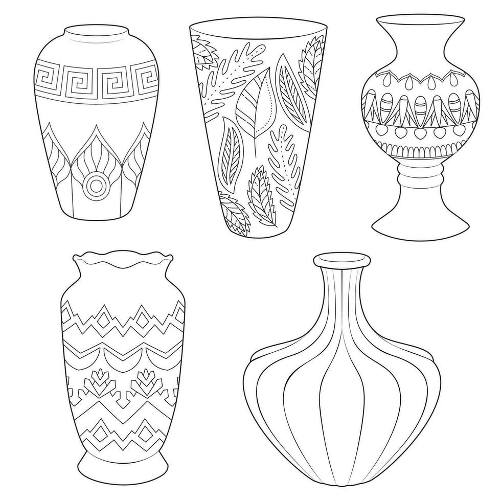 Outline vases and amphora set, vector linear. Vase pottery, ancient pot greek