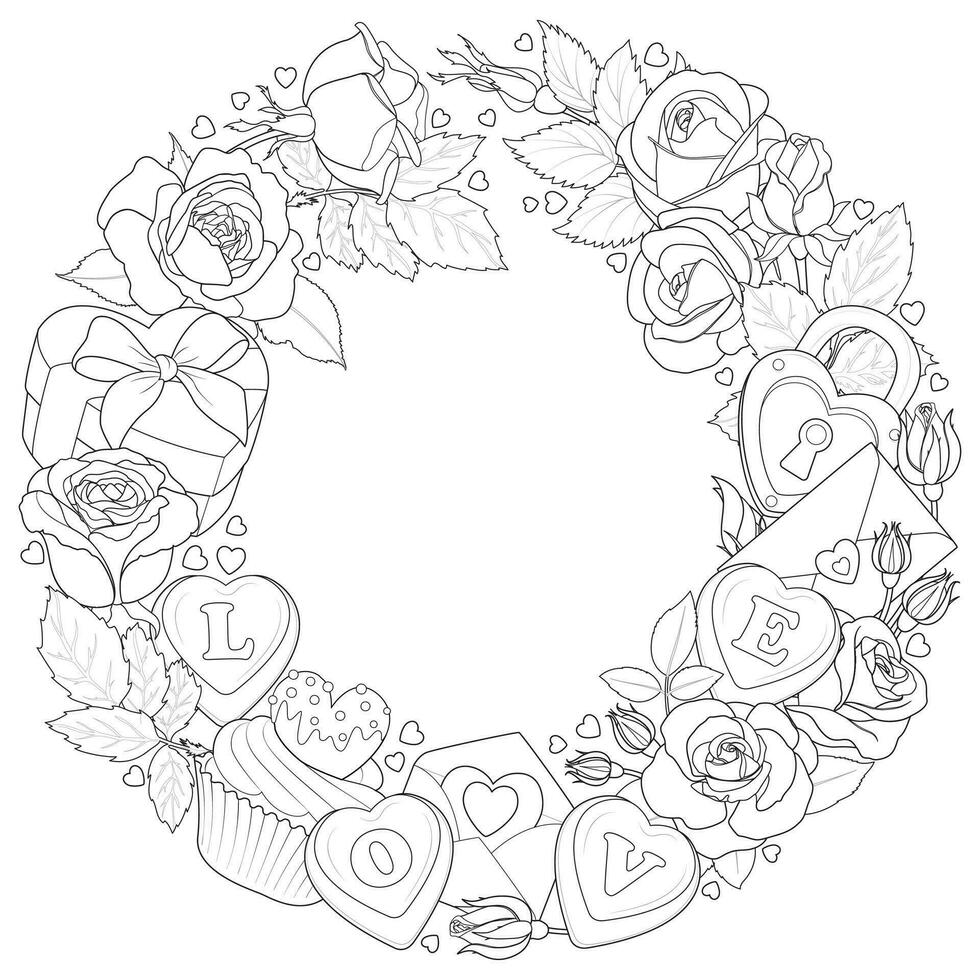 Valentines day wreath of roses, valentines and chocolate. Romantic love wreath vector