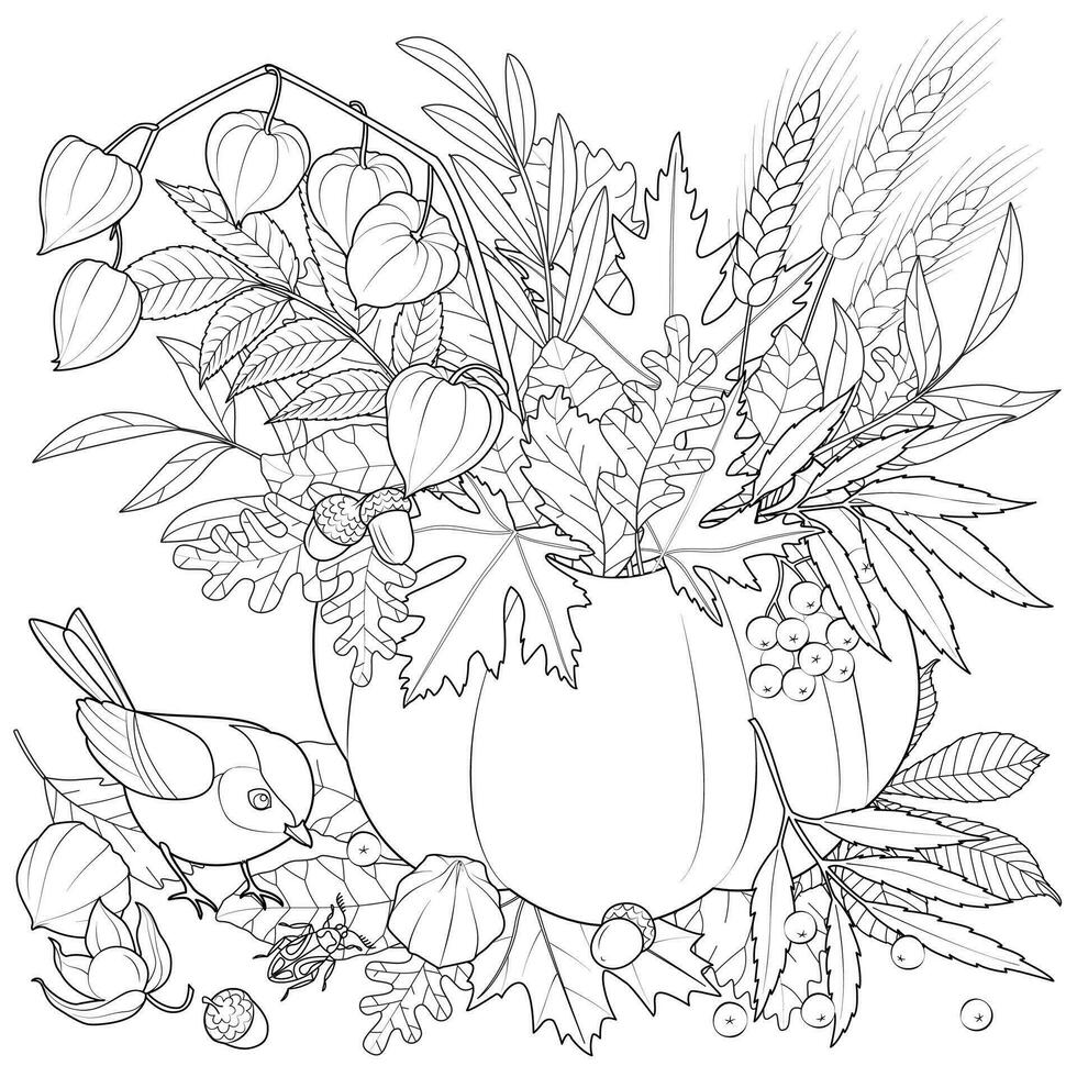 Bouquet of autumn leaves in a pumpkin. Bird and autumn leaves. vector