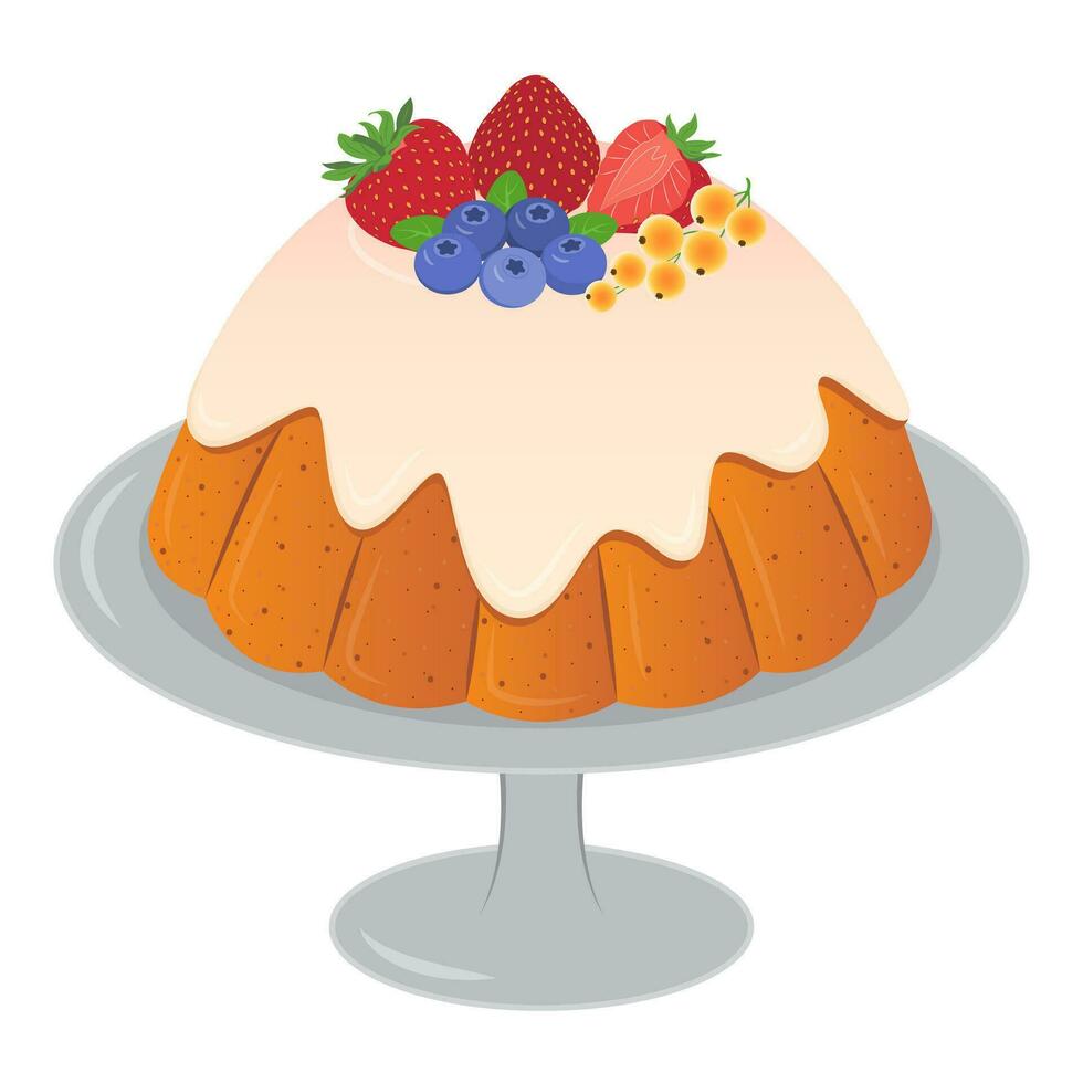 Pudding with cream and fruits in plate. Cartoon sweet food element. vector