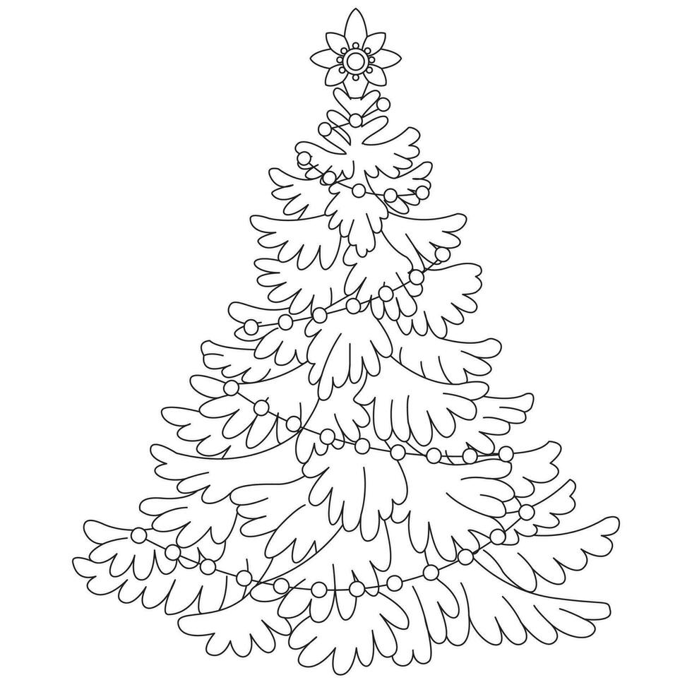 Coloring page of a decorated Christmas tree. Vector black and white illustration