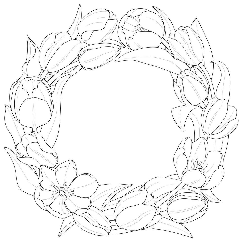 Tulip wreath. Spring greeting card with beautiful tulips. Coloring page vector