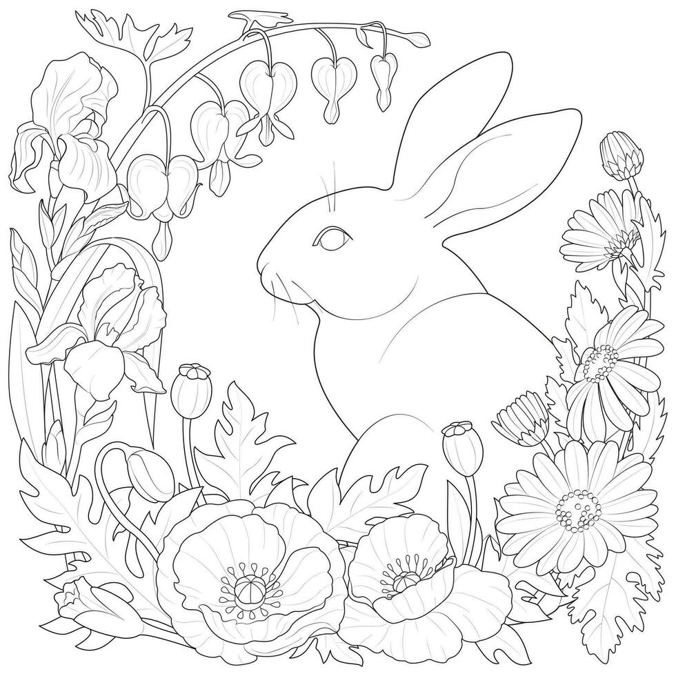 Easter rabbit with spring flowers and leaves wreath. Cute bunny. vector