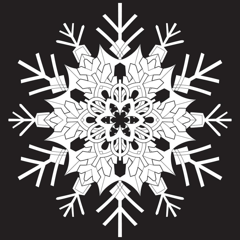 Abstract mandala snowflake line art design on Black Background. vector