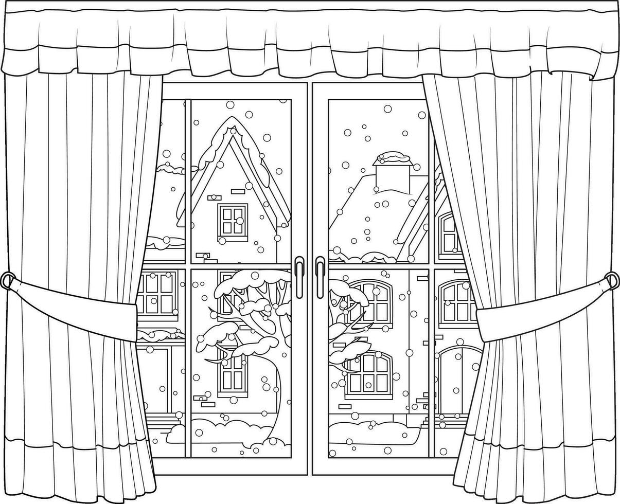 Window with winter landscape outside with snowy street. Flat cartoon Coloring page vector