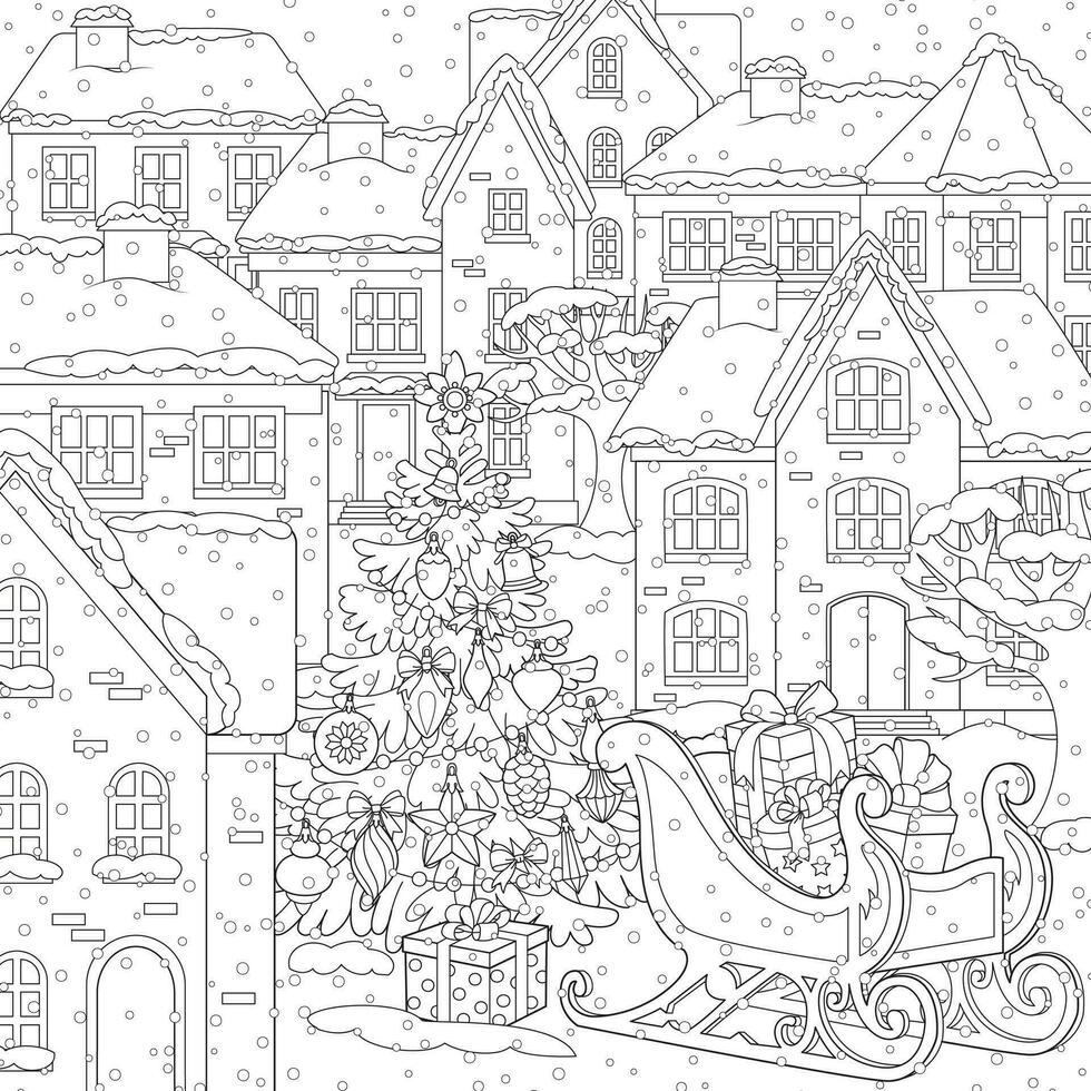 Santa Claus sleigh with Christmas tree in the winter city. line art vector