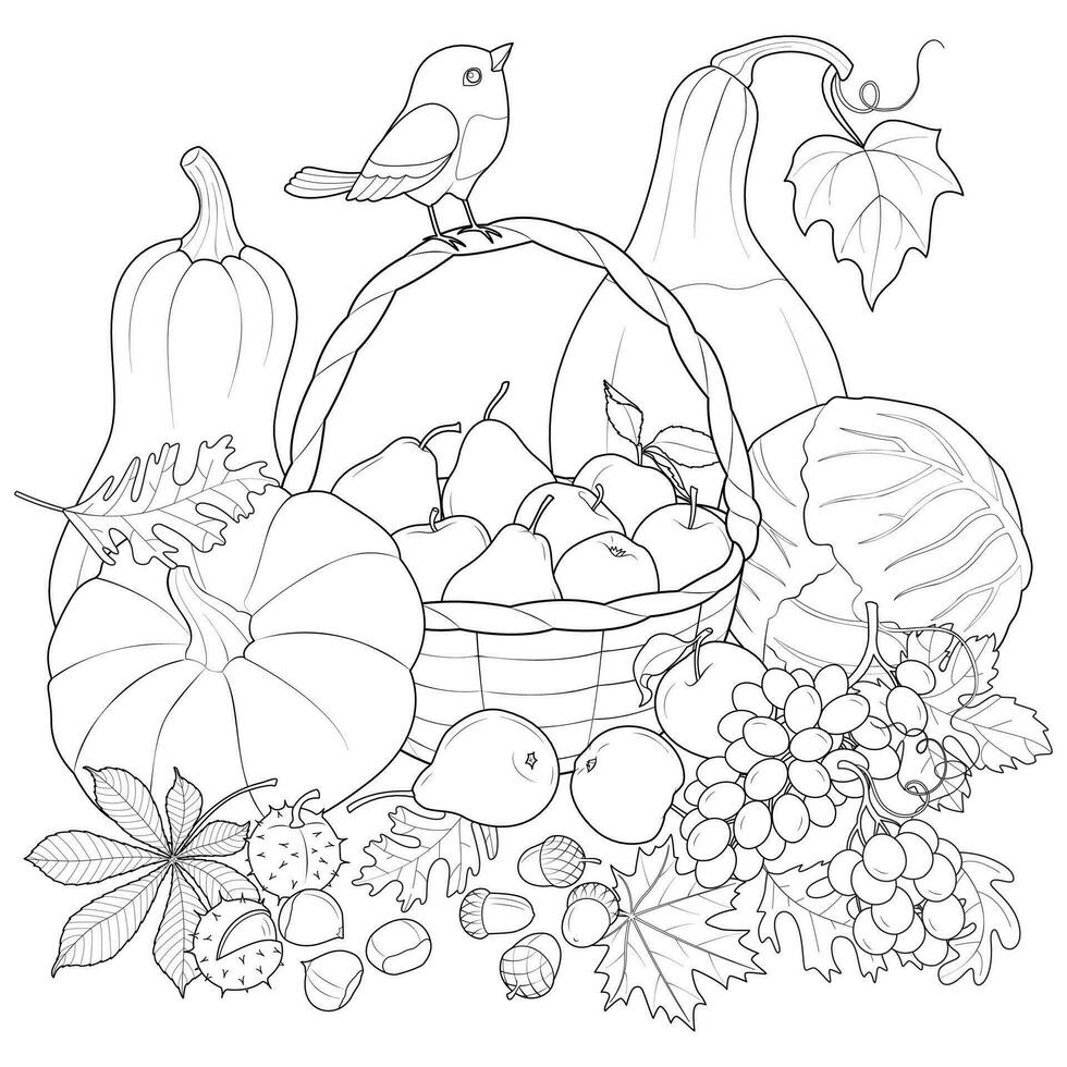 Autumn Harvest vegetables and fruits with bird. black and white